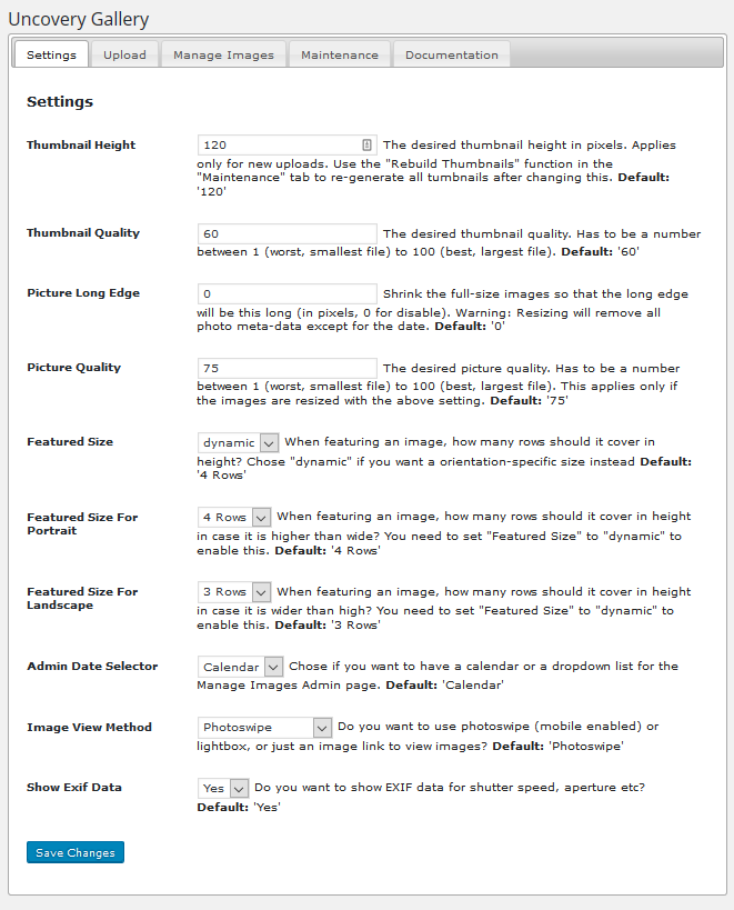 The admin options screen