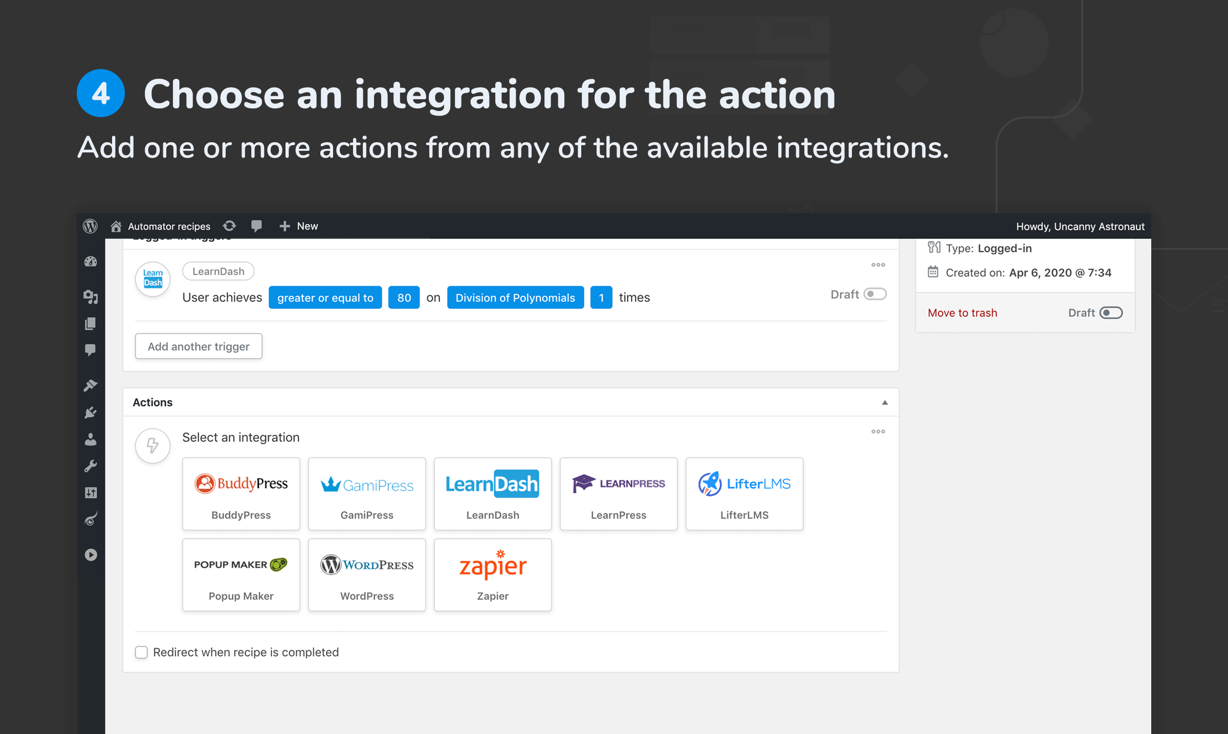 Add one or more actions from any of the available integrations