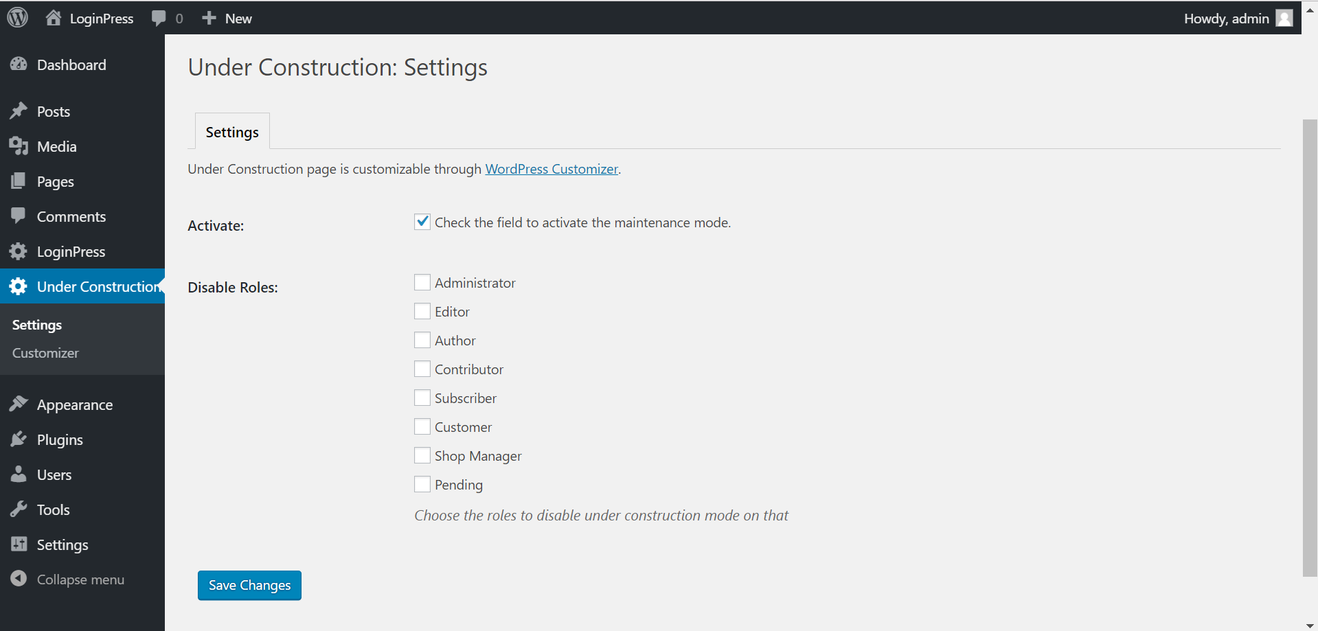 Under Construction by WPBrigade - [settings page](https://wpbrigade.com/wordpress/plugins/under-construction-maintenance-mode/)