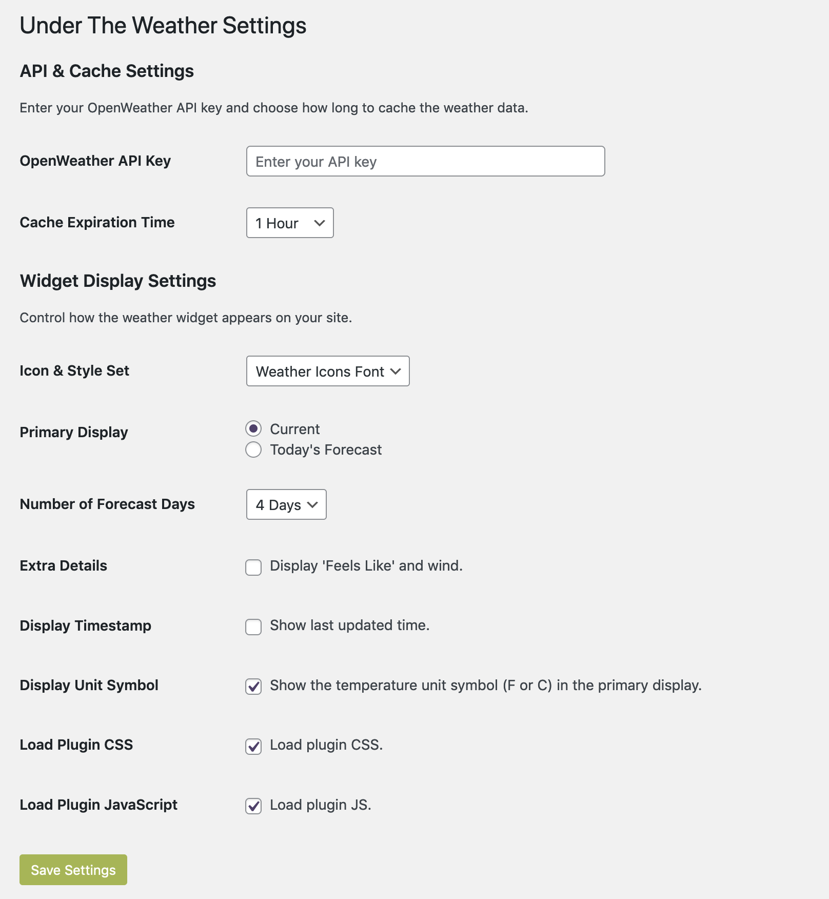 The plugin's comprehensive settings page.