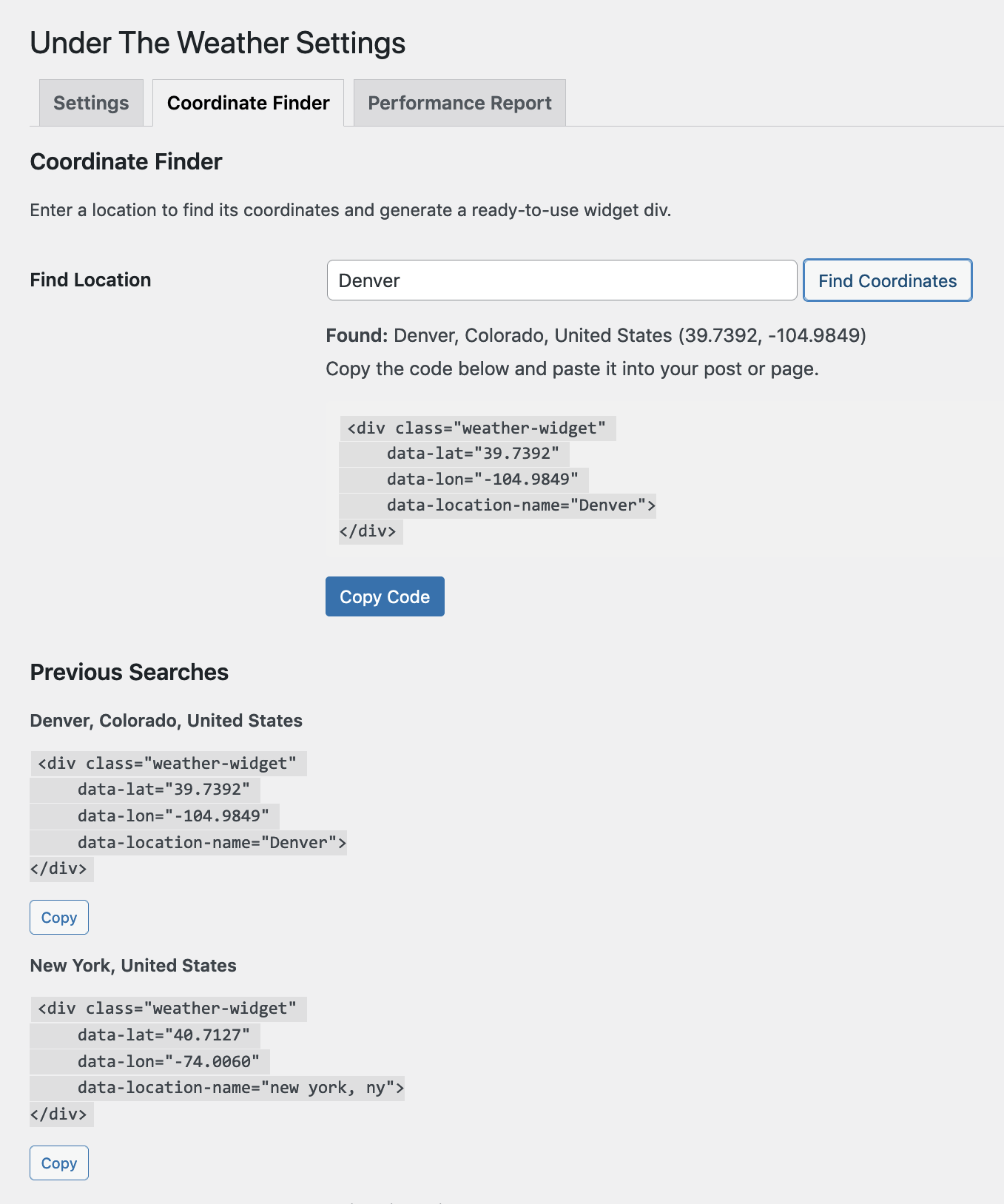 The Coordinate Finder tool, which generates widget code from a location name.