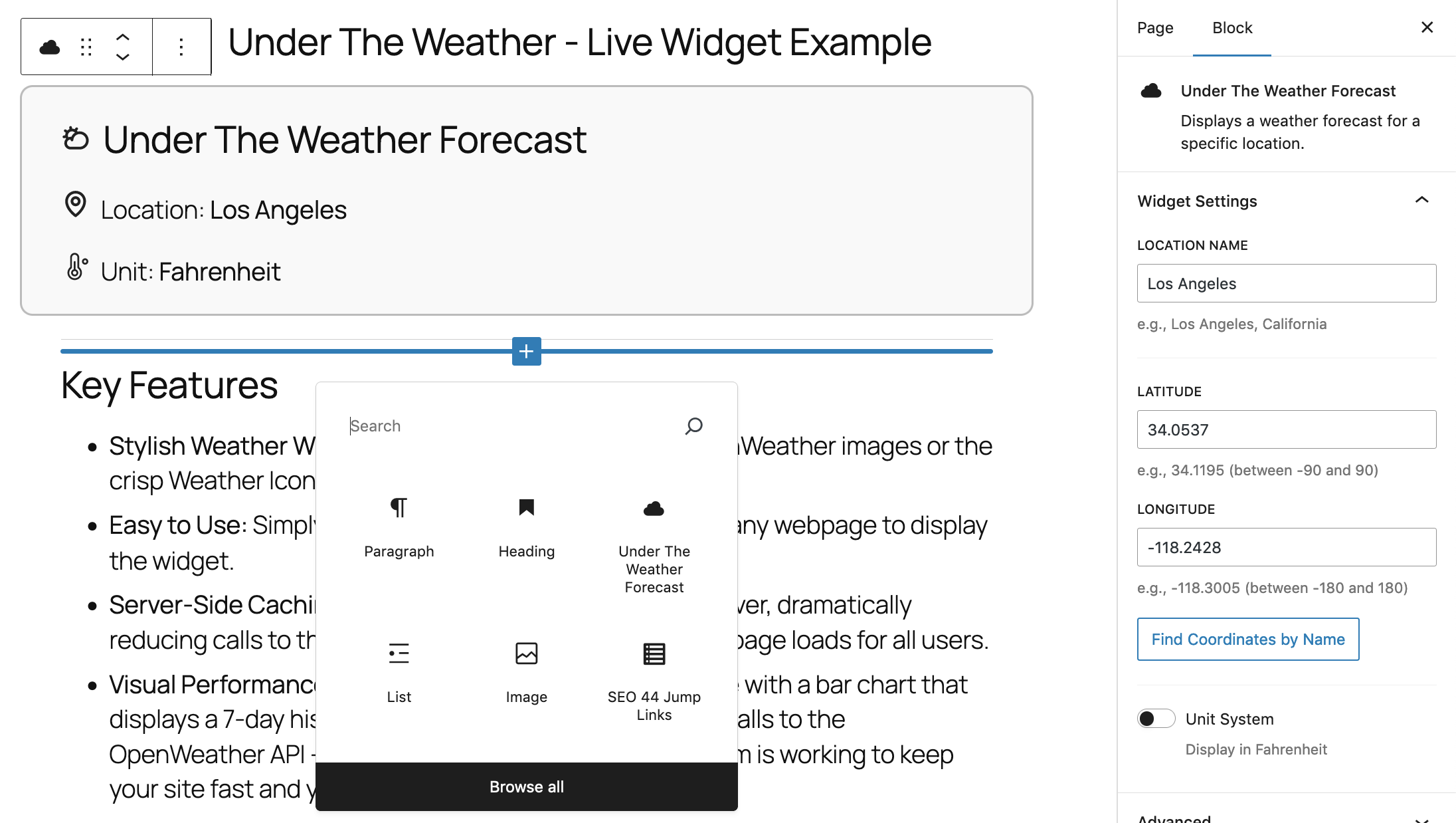 The "Under The Weather Forecast" block in the WordPress editor.
