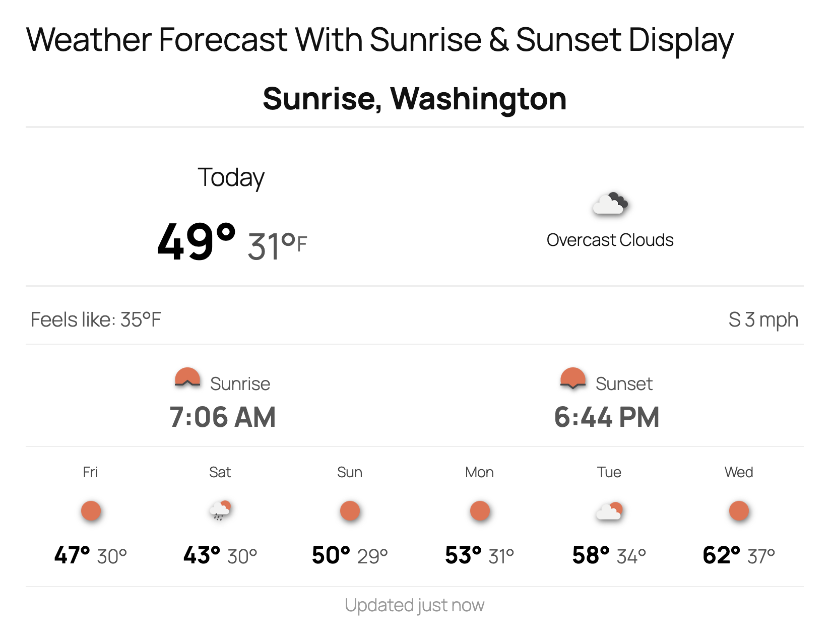 The weather widget with Sunrise and Sunset times shown