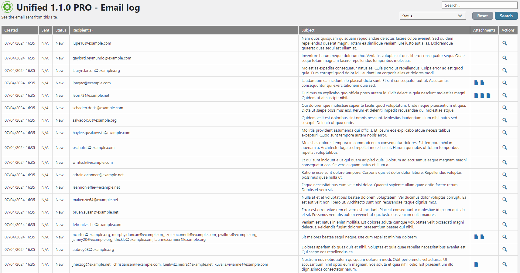 Email log, where queued emails or sent emails can be seen