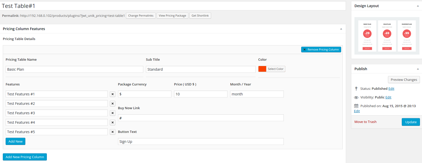 Backend Configuration of Unik Pricing table