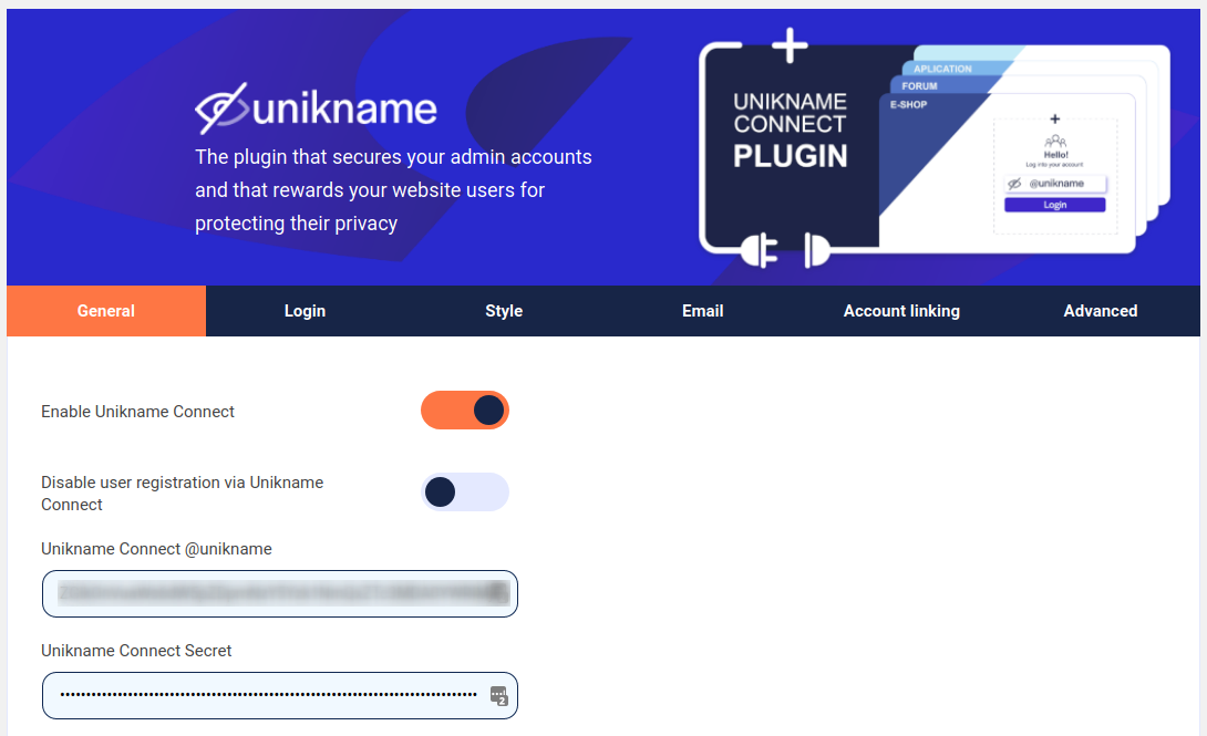 General configuration: global enabling, secret key ...