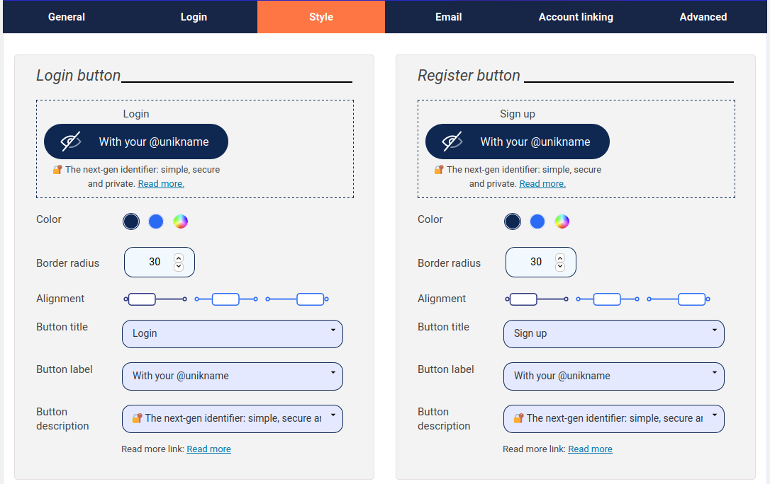 Style options: UI configuration (colours, labels ...) of the Unikname Connect buttons