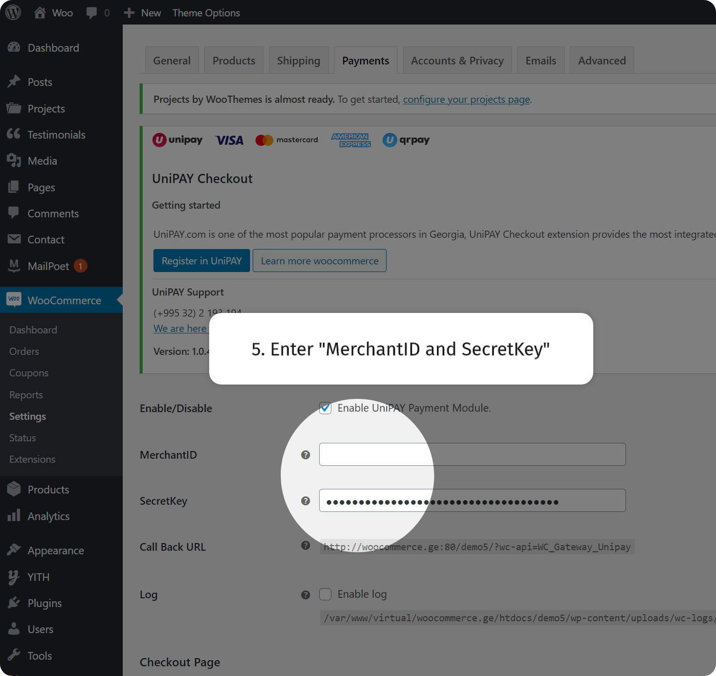 Enter Merchand ID and secret key.