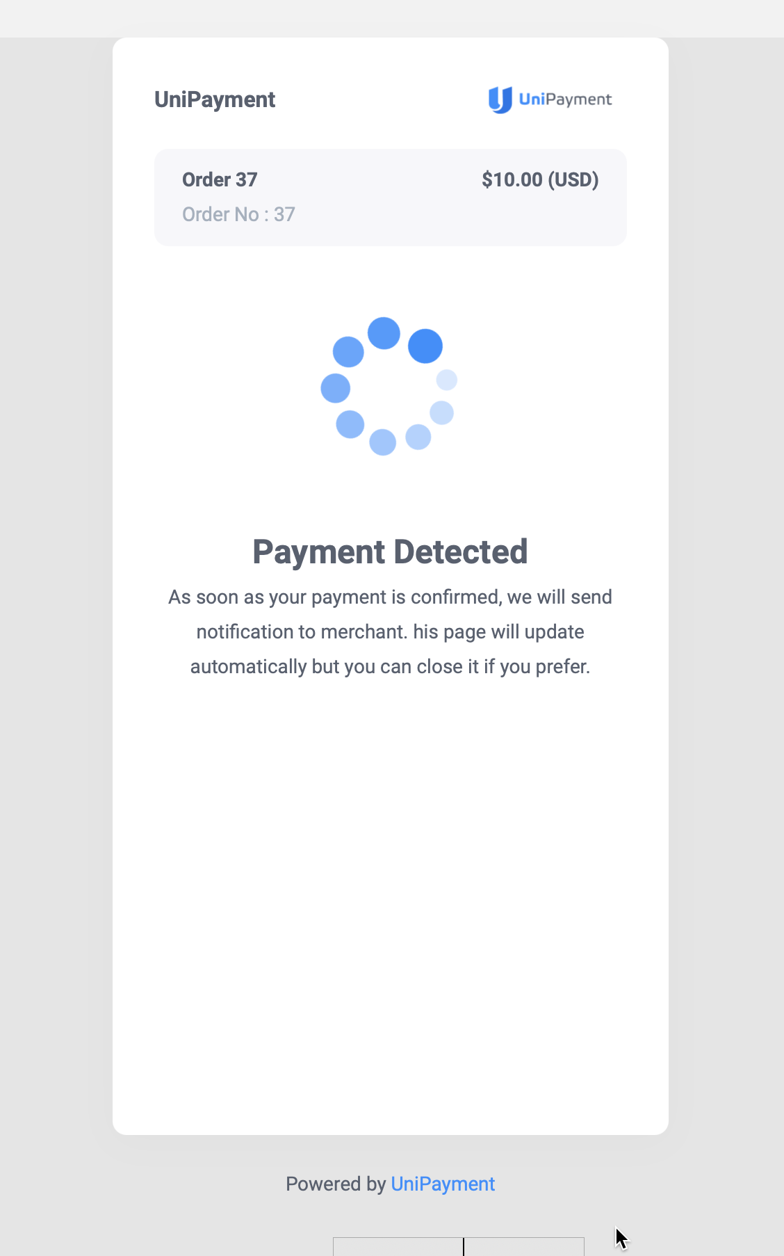 UniPayment dashboard - the invoice previously paid is listed under the "Invoice" section