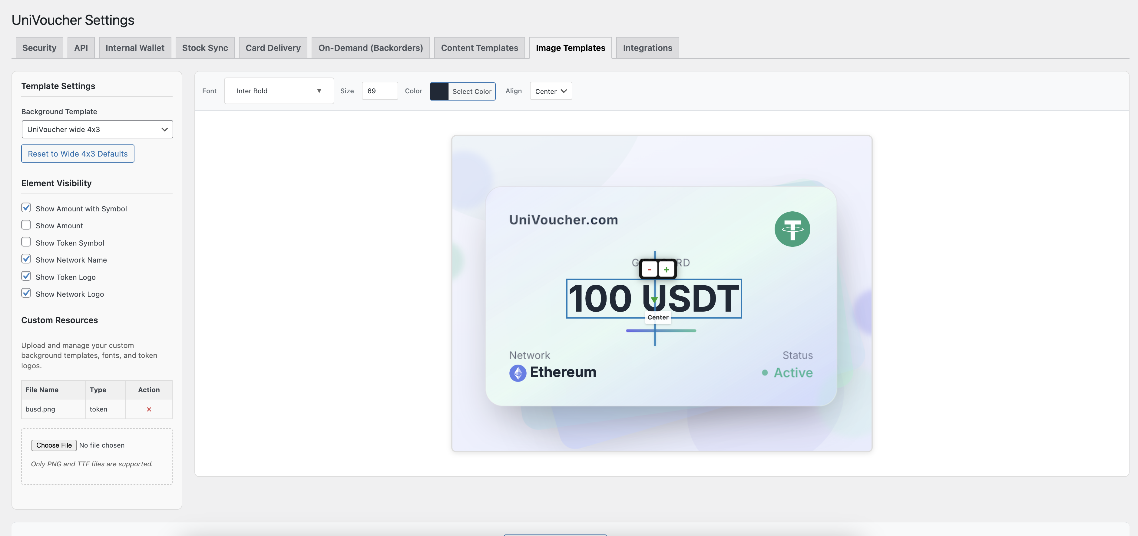 Product management interface displaying UniVoucher gift card products with various denominations and blockchain networks