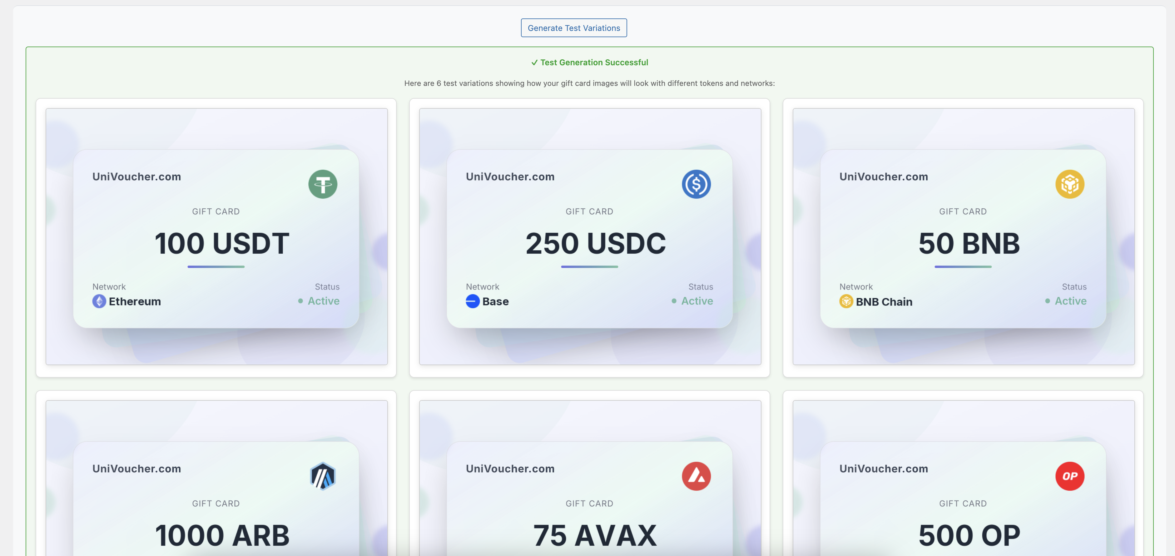 Product configuration page for creating/editing UniVoucher gift cards with blockchain settings and auto-generation features