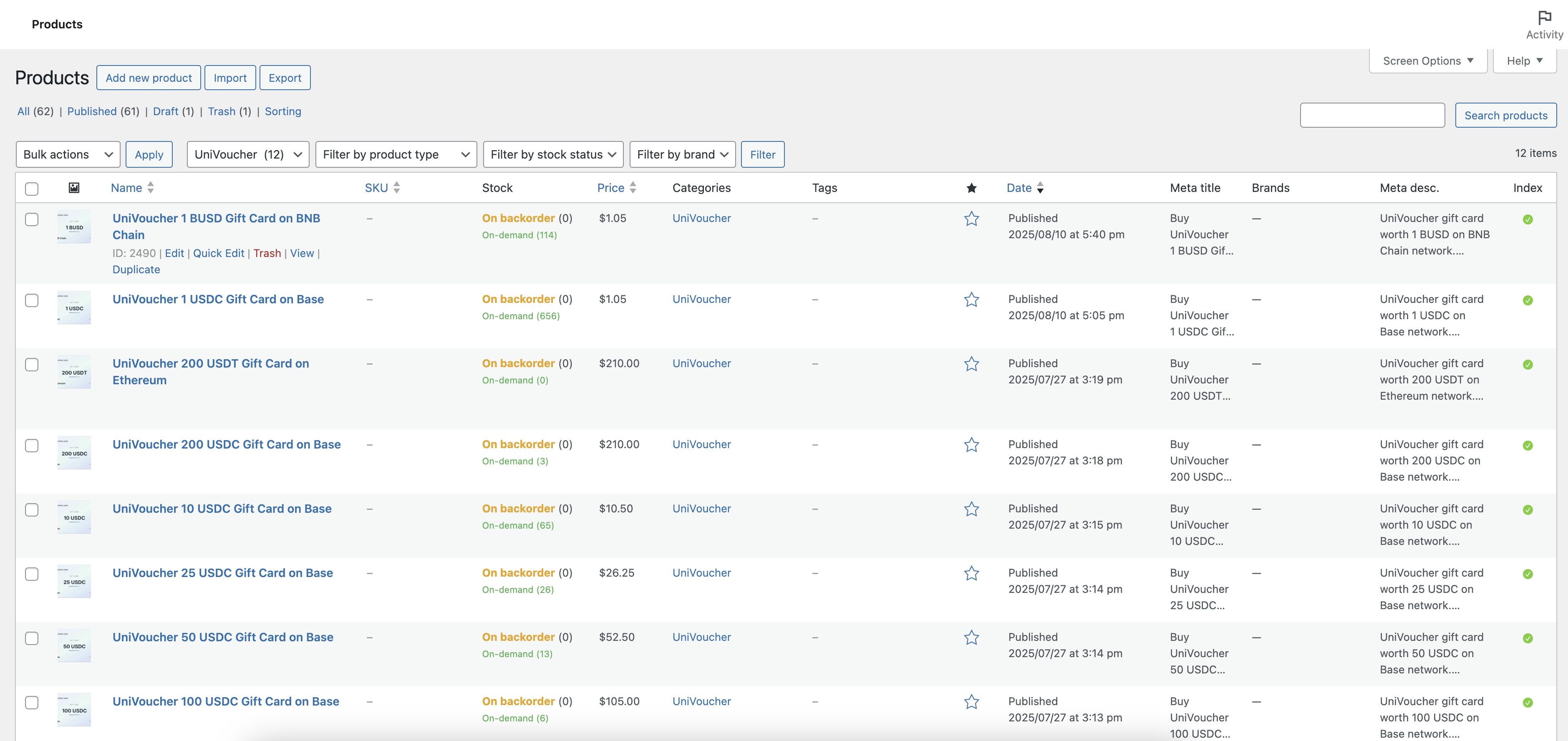 Order details view showing completed order with UniVoucher gift cards and assignment status