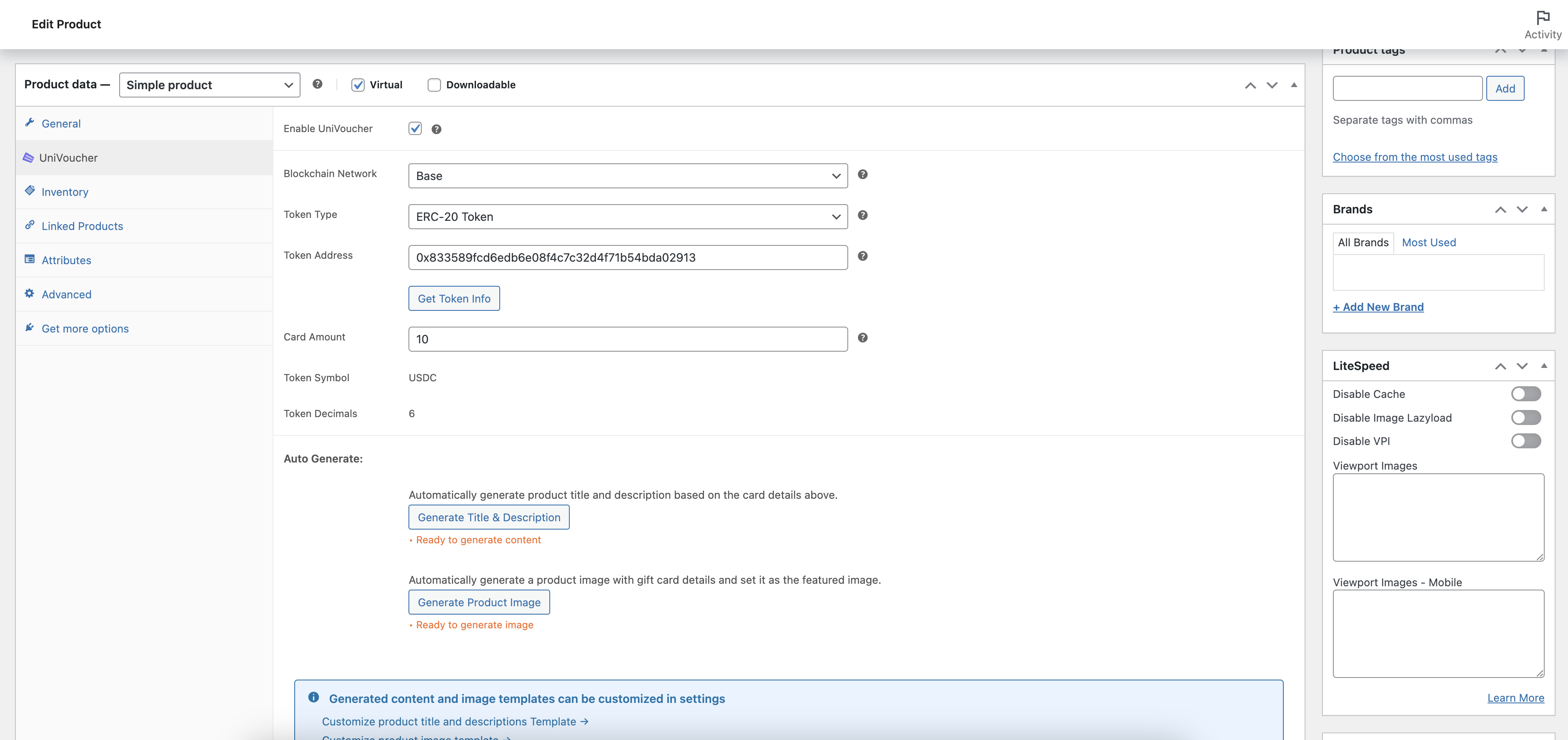 Gift card creation interface with multiple methods including UniVoucher.com integration and on-demand mode