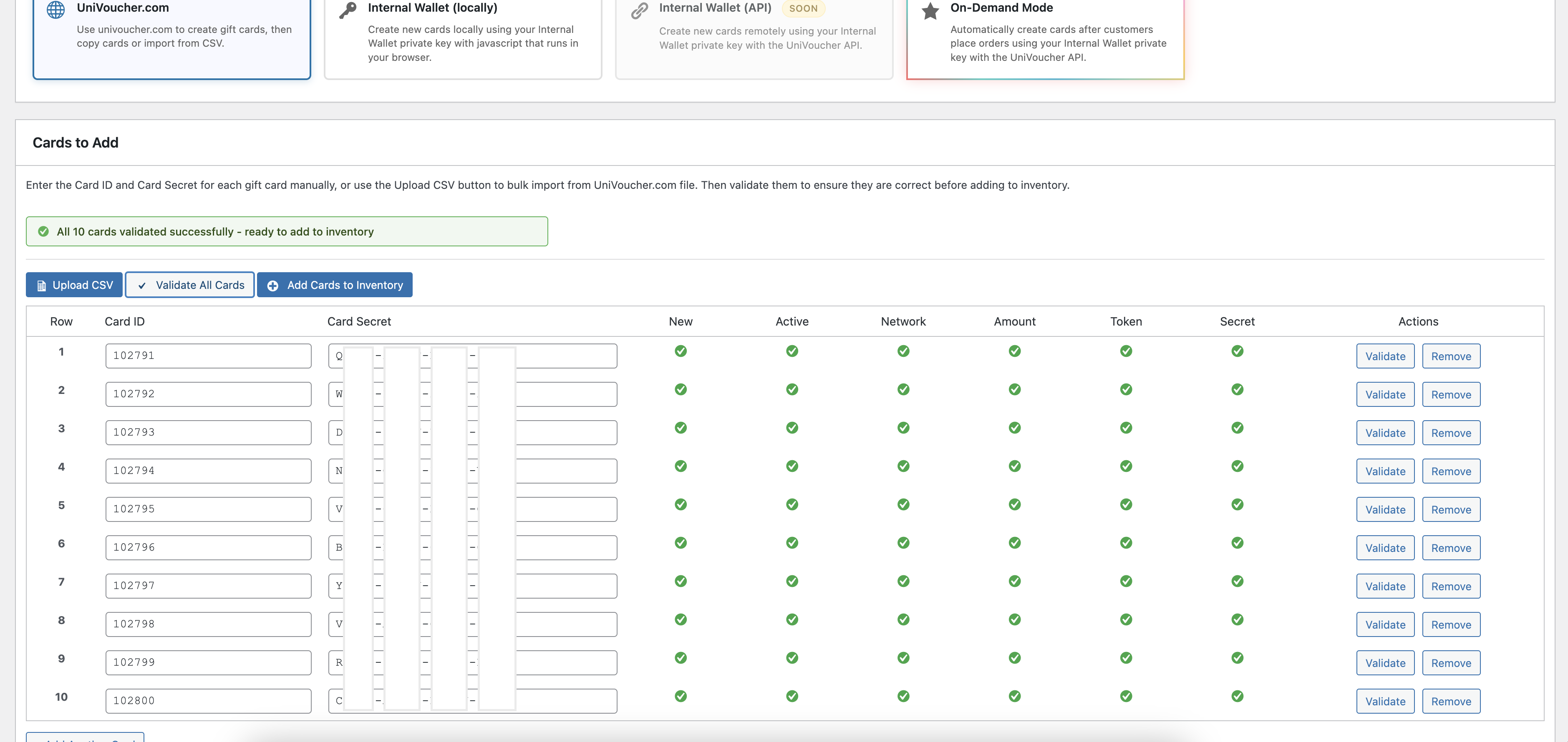 Card delivery settings for completed orders with auto-completion and display configuration options