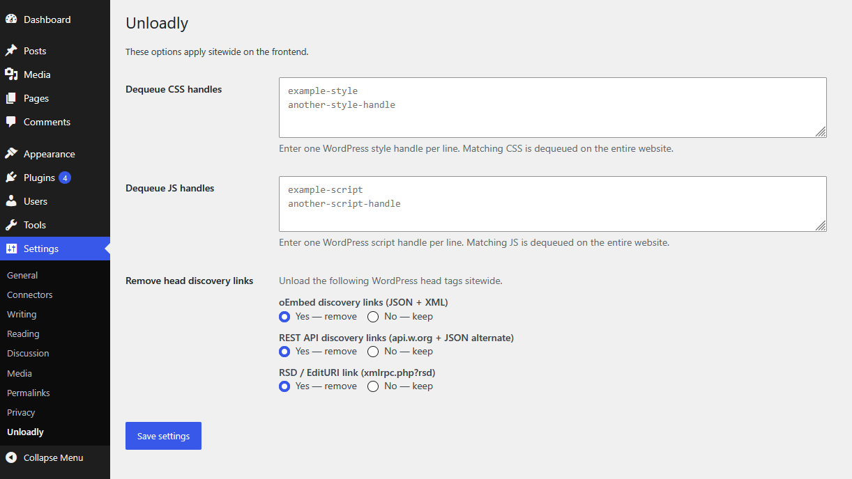 General settings: dequeue CSS and JS handles sitewide, and optionally remove oEmbed, REST API, and RSD links from the document head.