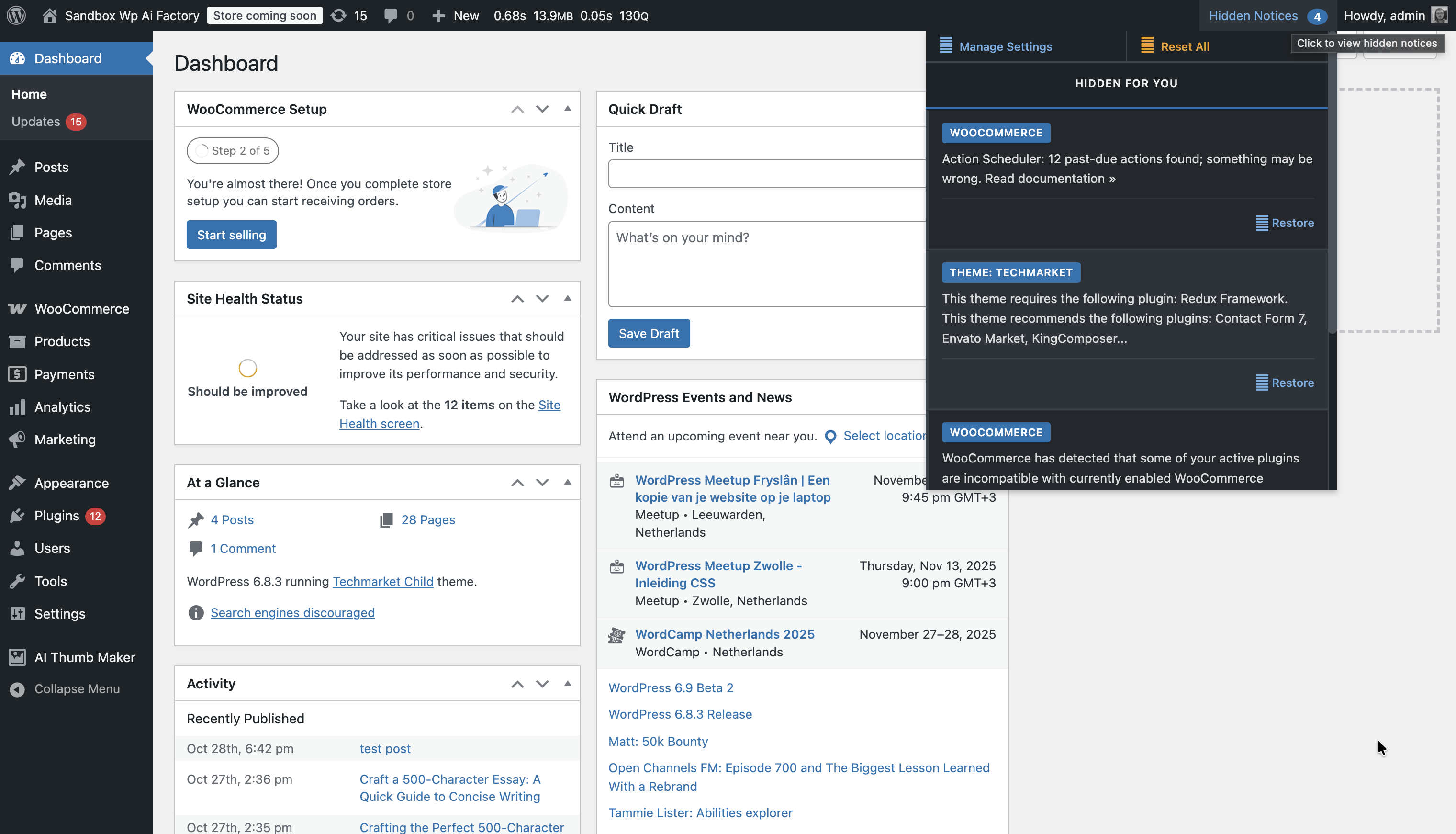 **Notifications Panel Overview** – This is an overview of the panel where all hidden notifications are collected in the admin bar, allowing you to view and restore them.
