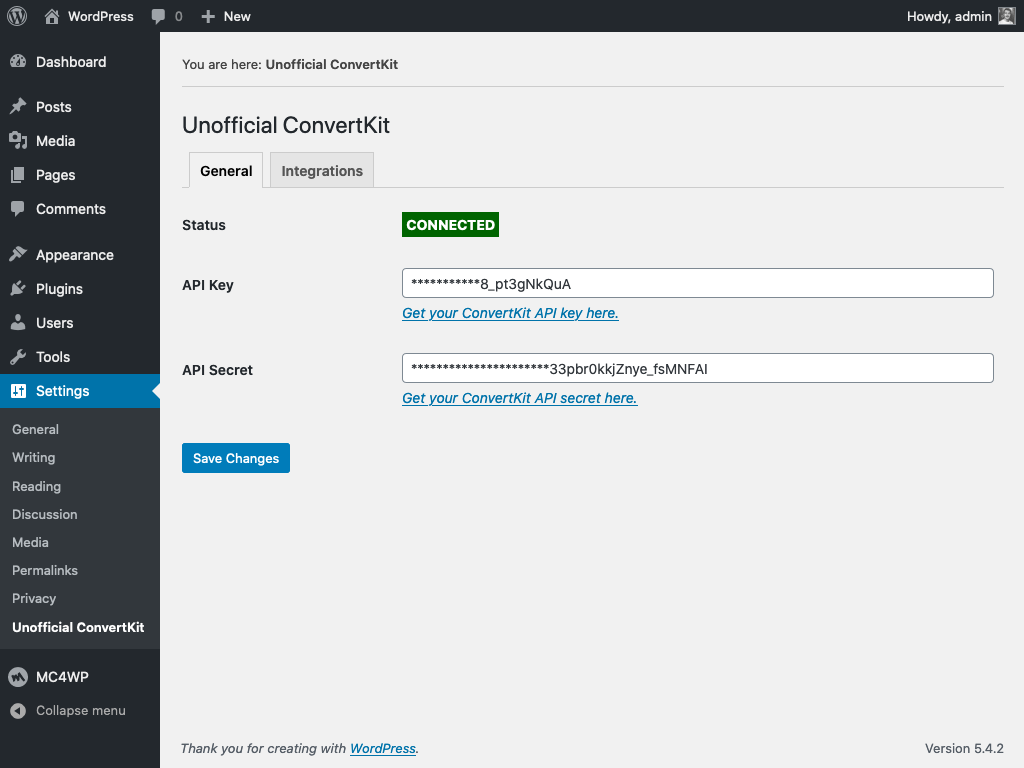 The settings page for connecting with your ConvertKit account.