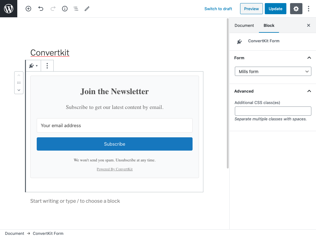Easily embed your ConvertKit form in a WordPress post or page.