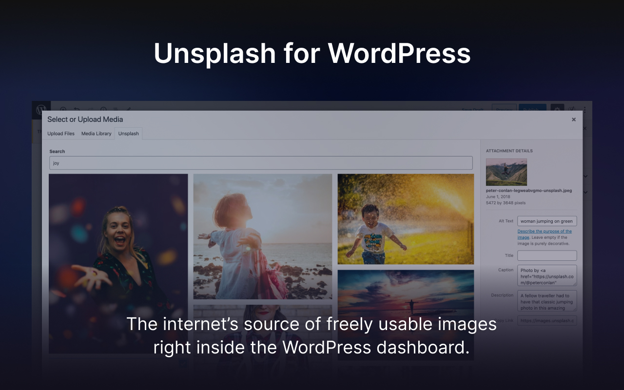 Unsplash for WordPress: The internet's source of freely usable images right inside the WordPress dashboard.