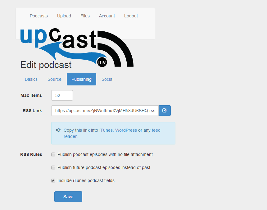 The plugin lets you specify equivalent settings to those on the UpCast pdocasting platform at upcast.me.