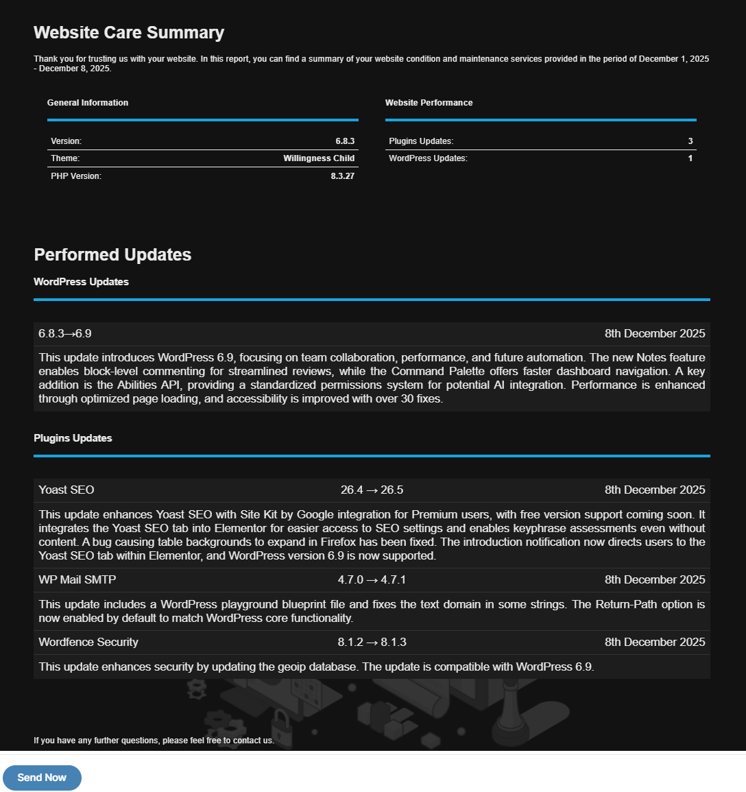 An example of the client reports with Update Brief summaries, using the agency-dark template