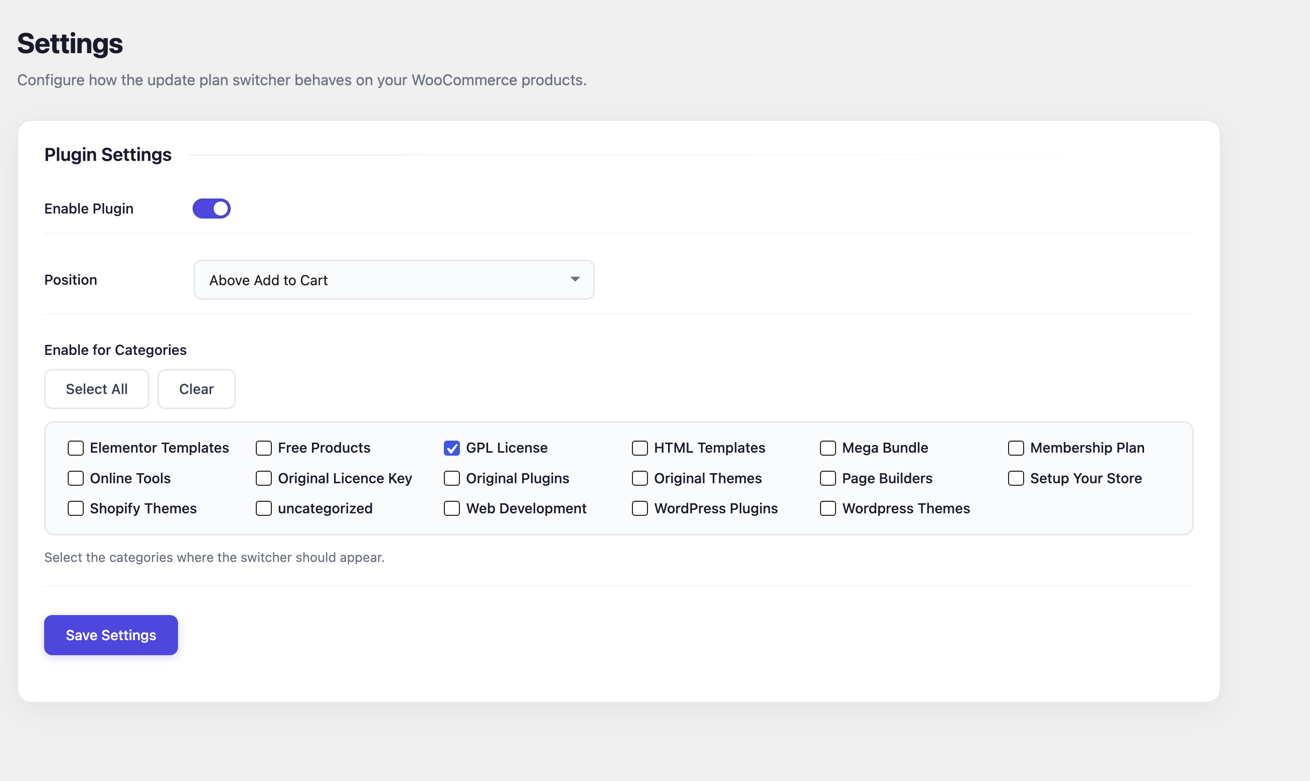 Plugin settings page.