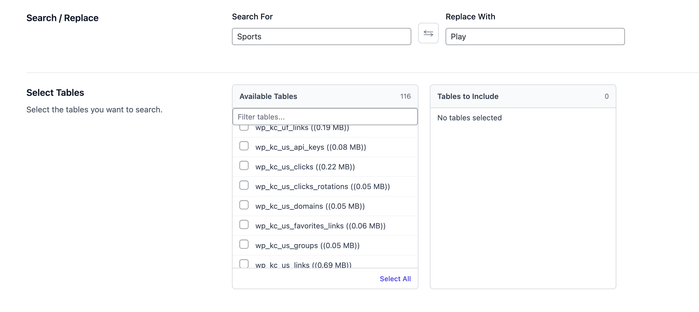 Select table to search/replace. **[PRO]**