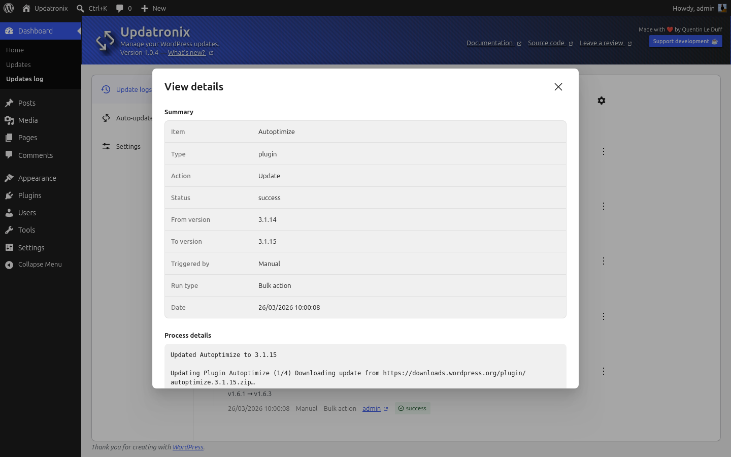 Update Log Activity panel: detailed log view.