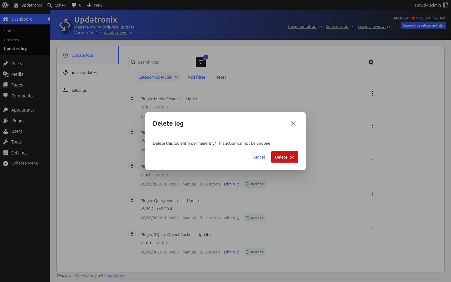 Update Log Activity panel: log deletion actions.