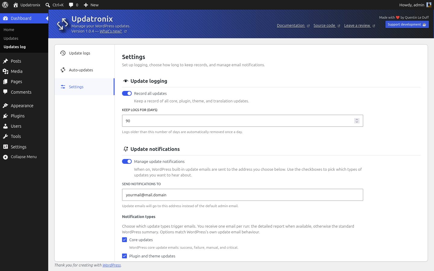 Settings panel: controls for log retention, cleanup scheduling, and email notification routing.