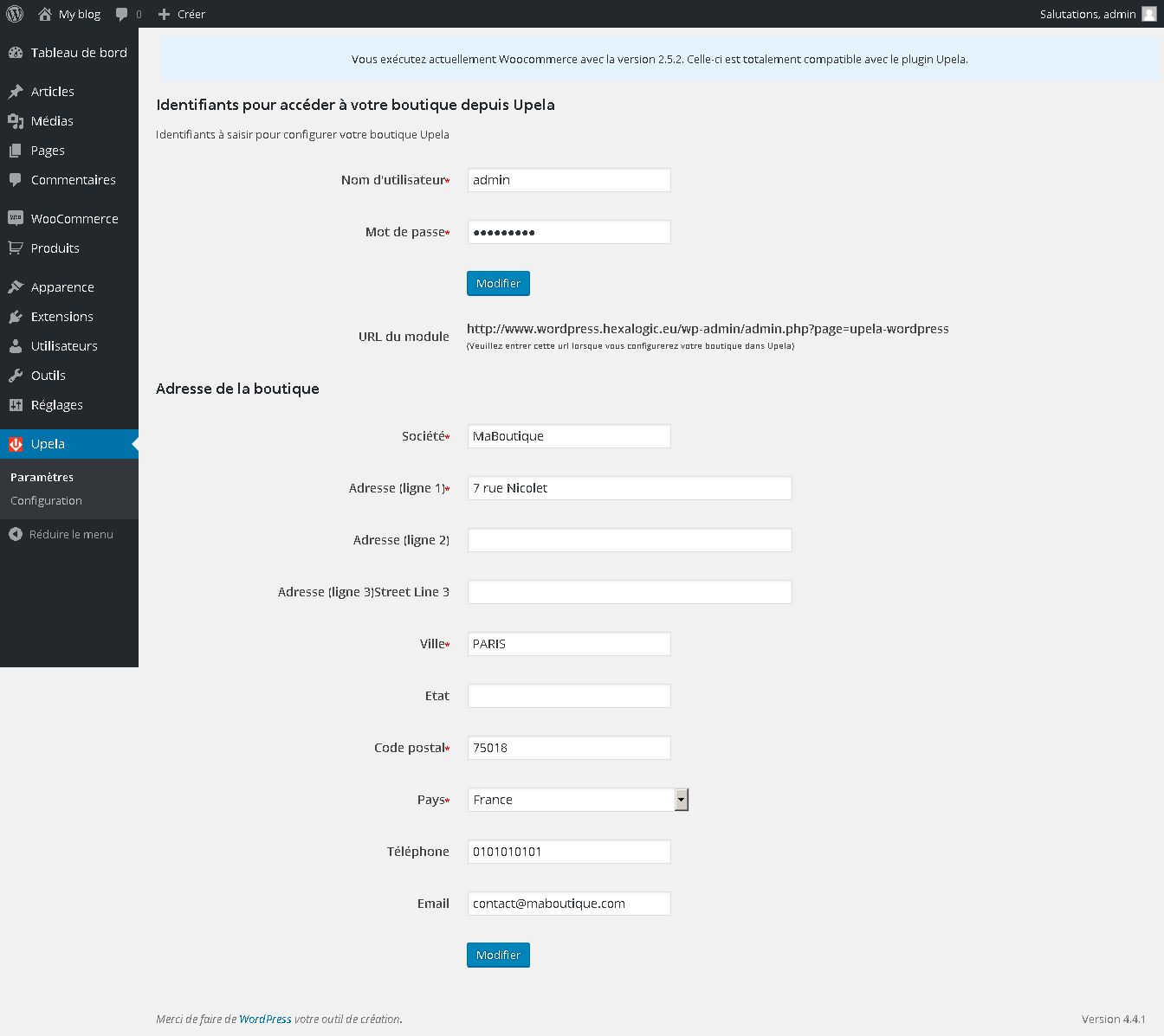 The Settings Page: enter the credentials that will be used by Upela and your store address.