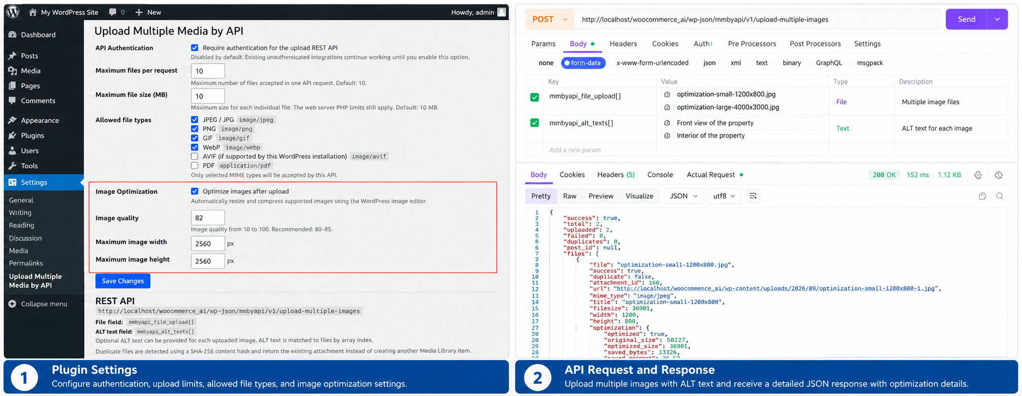 Upload multiple media files with individual ALT text and receive detailed optimization and upload information in the JSON response.