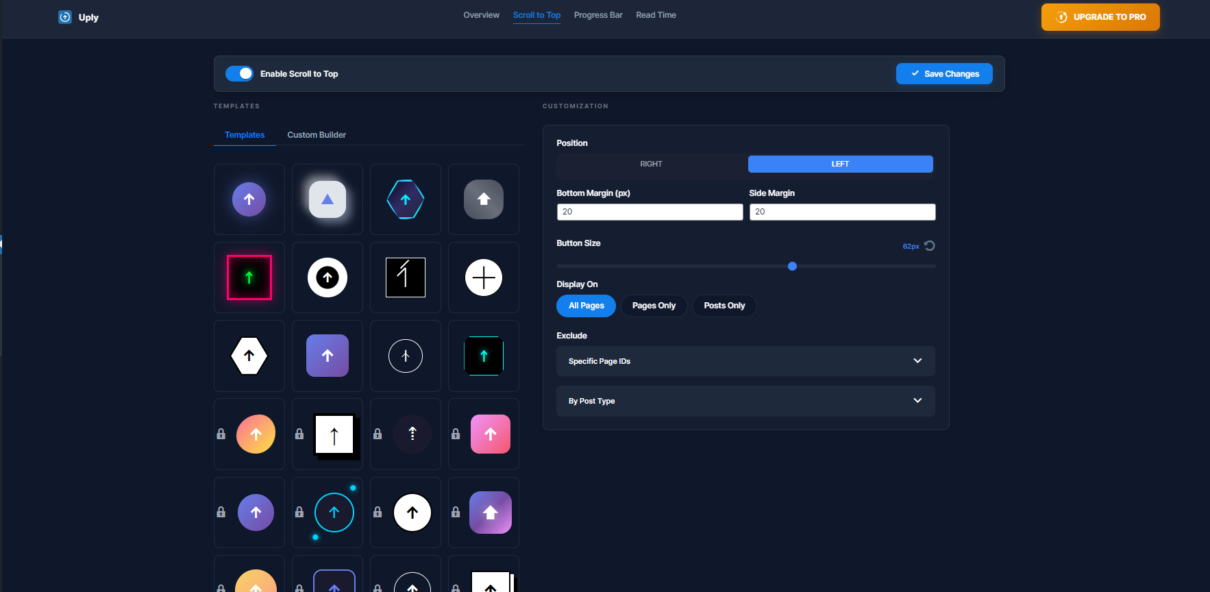 **Scroll to Top Settings**: Configure position and visibility.
