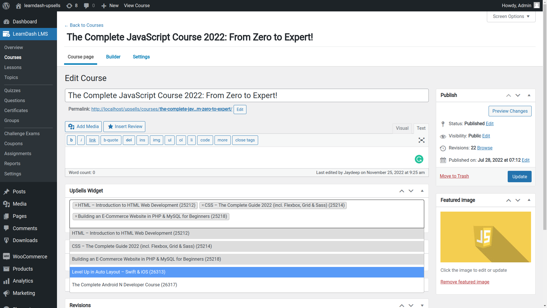 Setting the Upsells courses for the course.