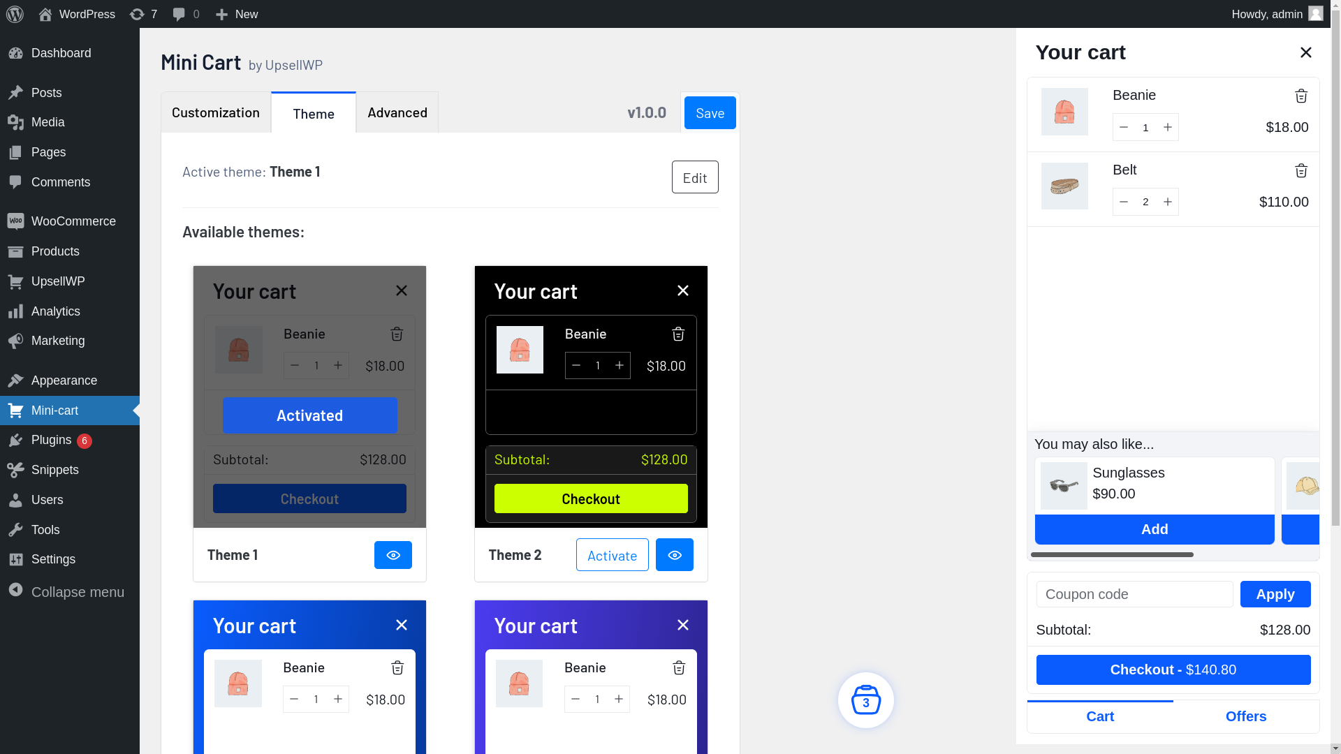 Backend Mini-cart themes and style page