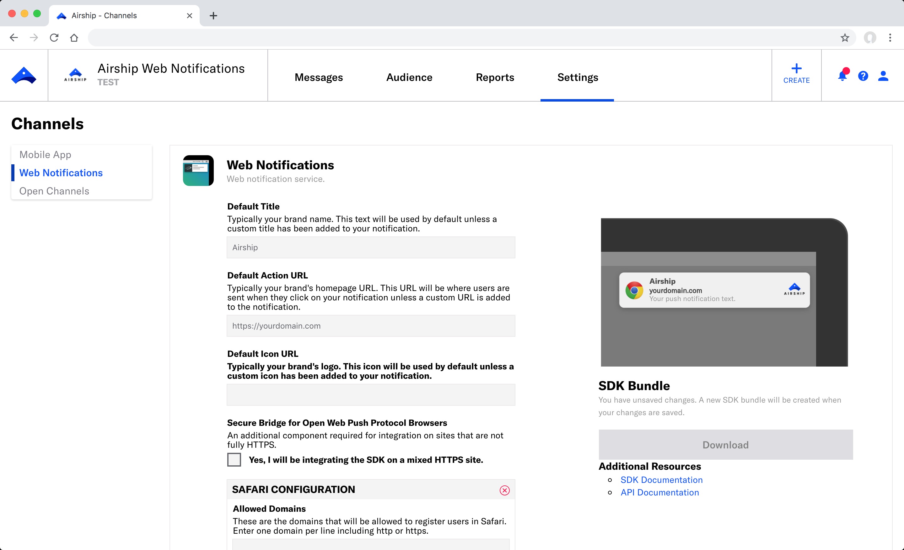 Configure your settings in the Airship dashboard, including your default title and icon.