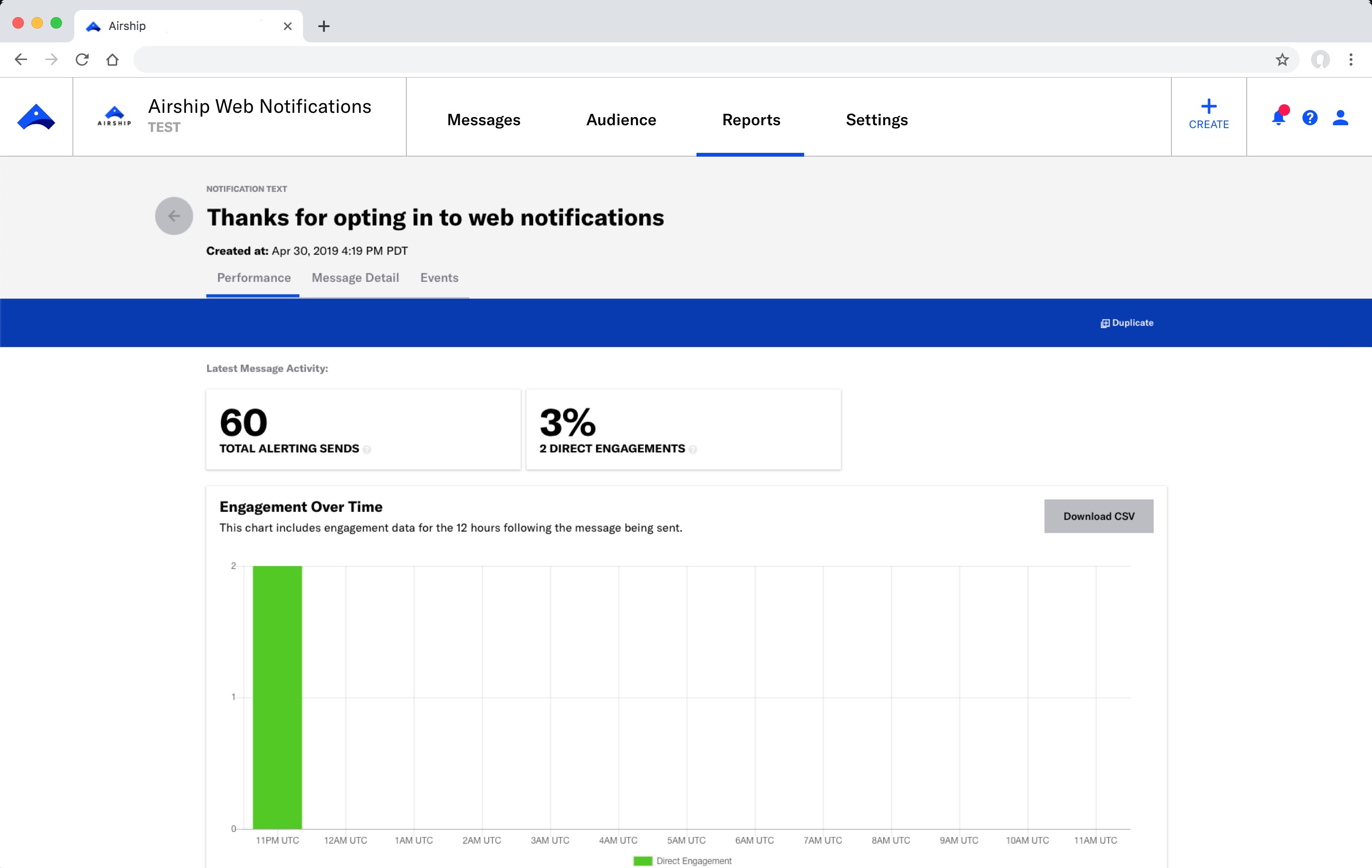 Check out your message reports in the Airship dashboard to see important metrics for your sent messages, such as click through rates and attributed sessions.