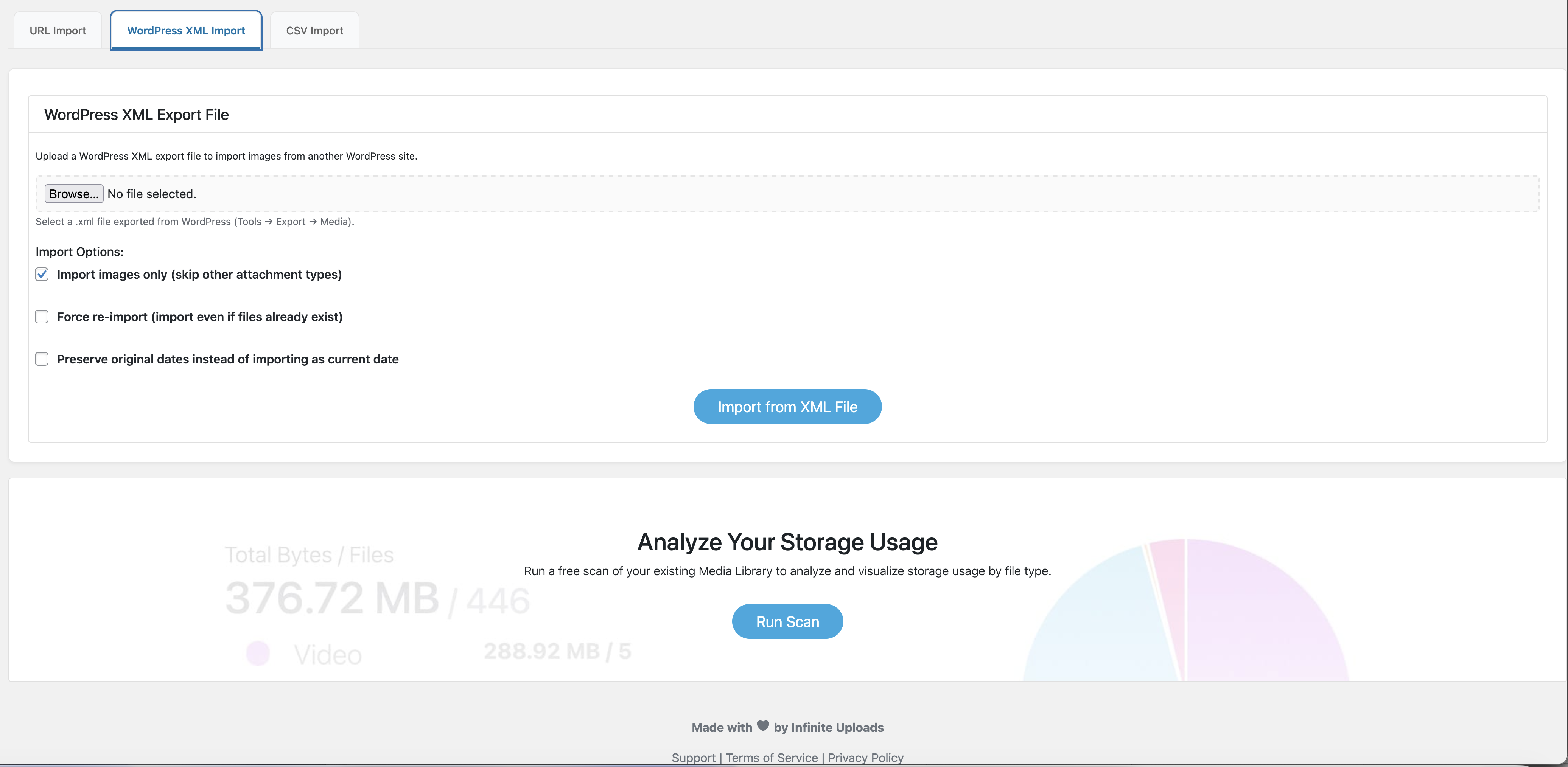 WordPress XML Import tab for importing images from export files.