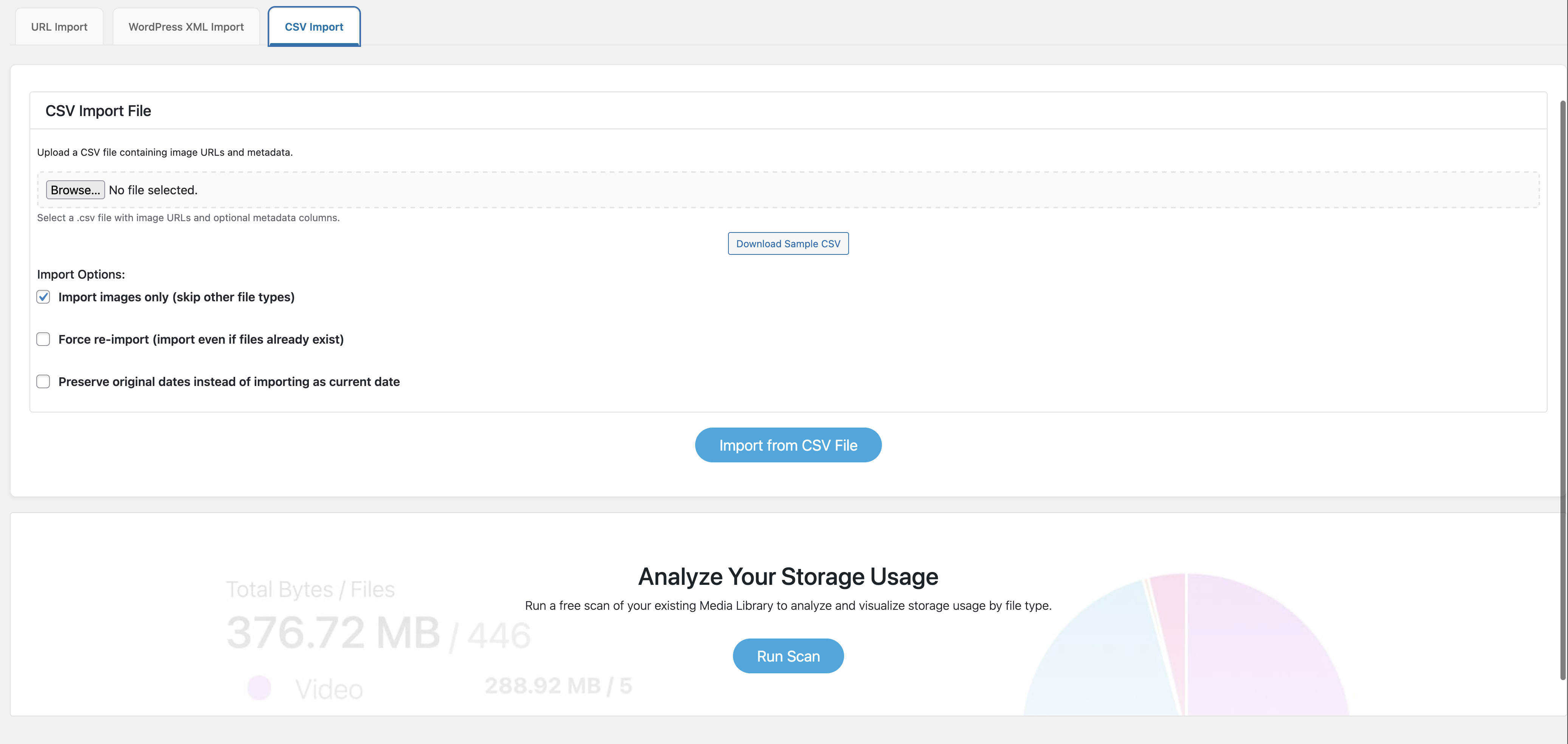CSV Import tab for importing bulk image URLs and metadata.