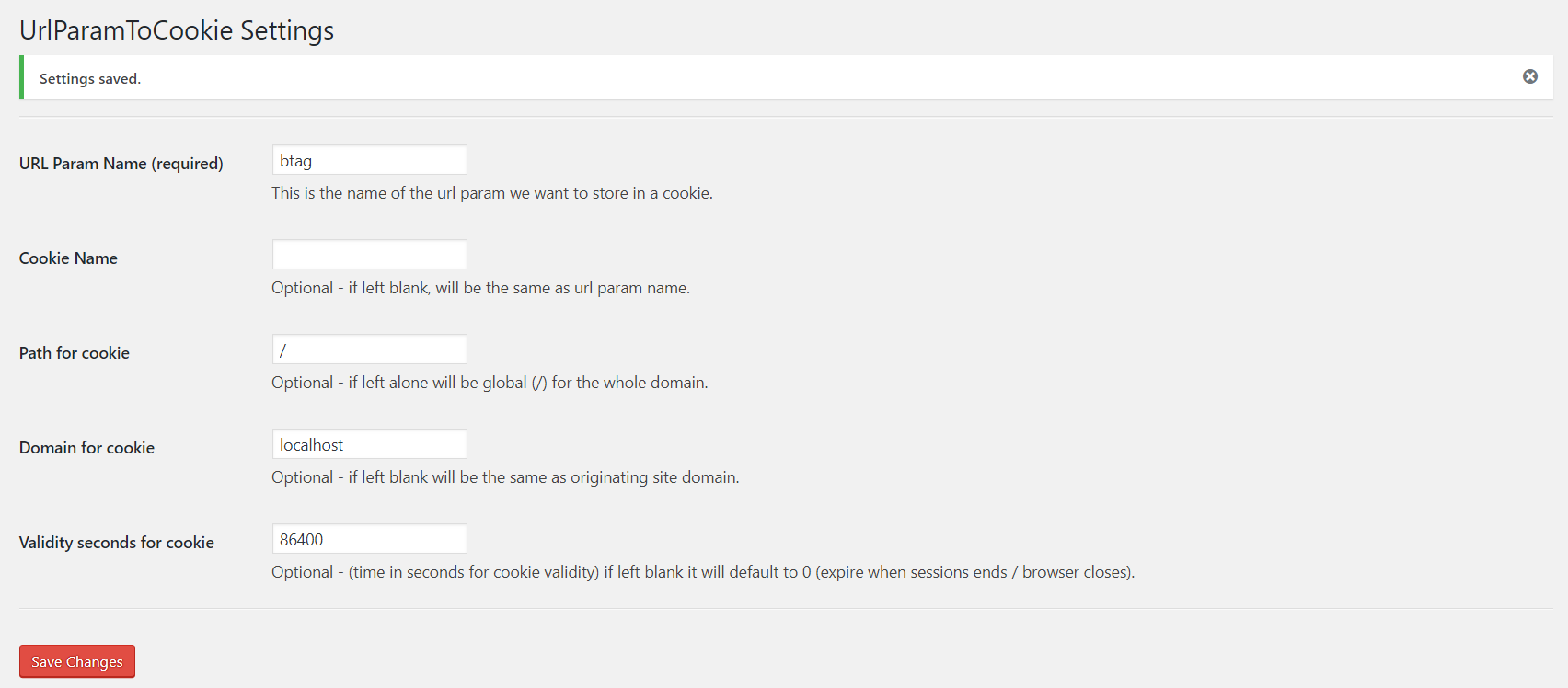 A view of the available settings on the plugin settings screen.