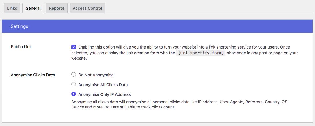 Short URL Display Options