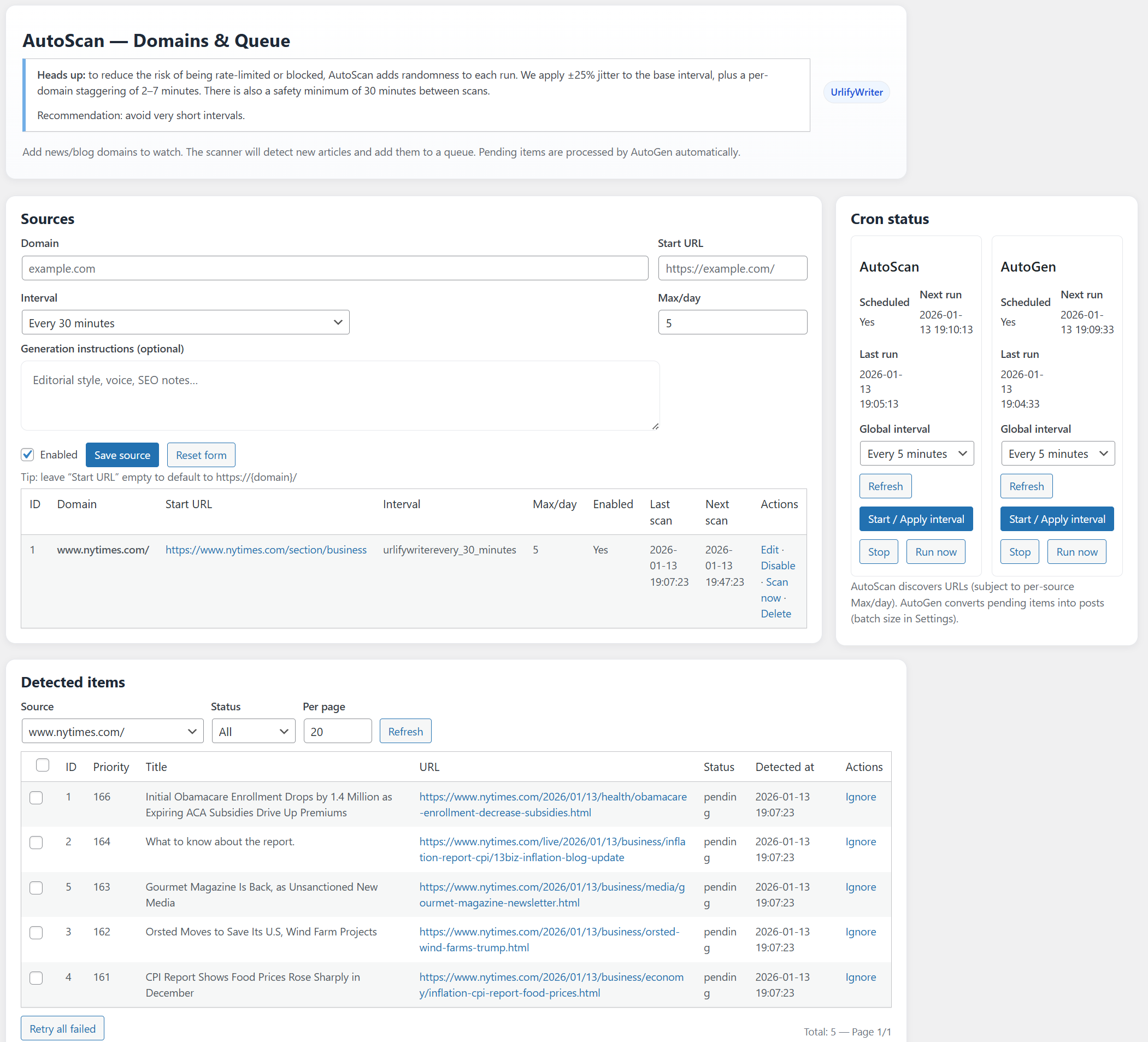 Settings screen – general plugin configuration options.