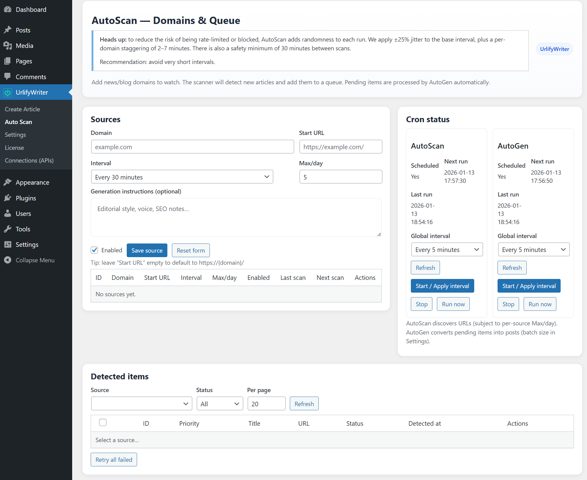 Connections (APIs) – manage OpenAI and Pixabay API keys.