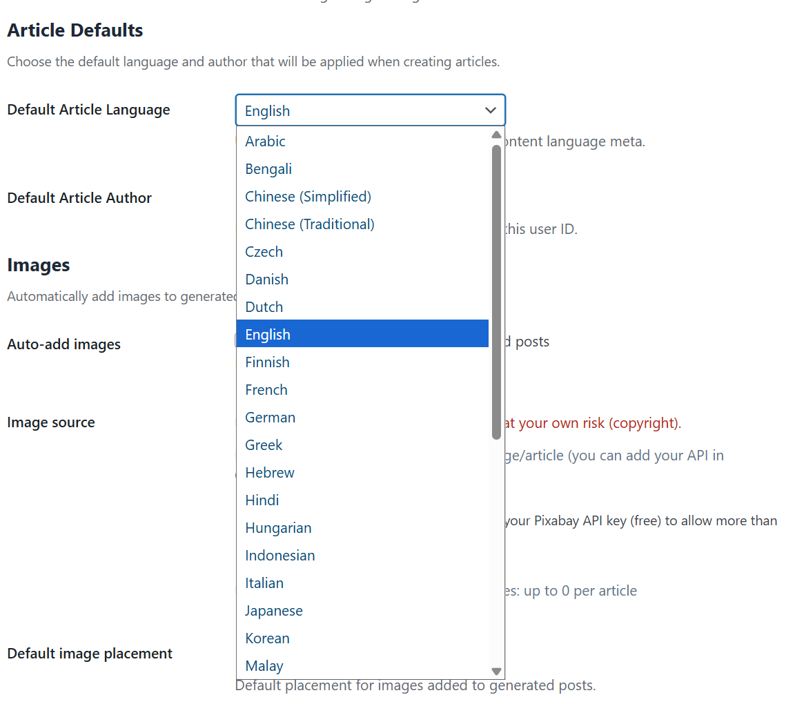 Create Article with filled options – example of advanced article configuration.