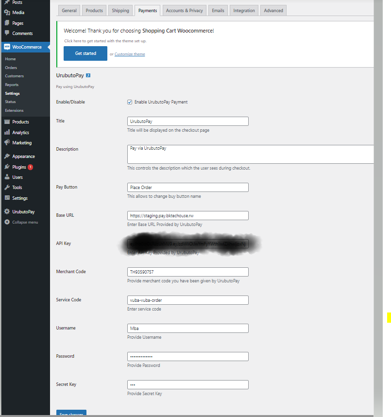 Settings Page of UrubutoPay For Woocommerce Plugin