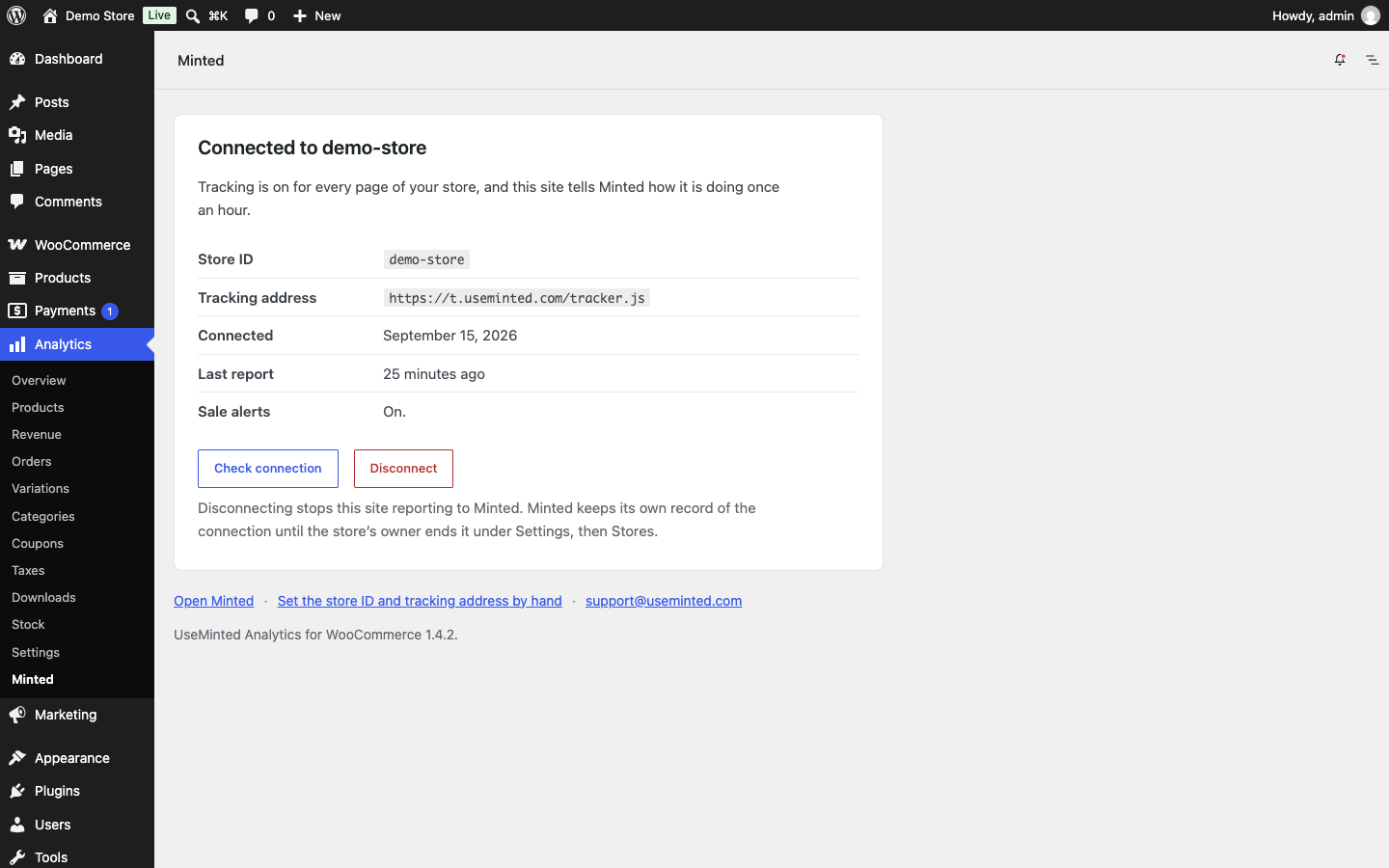 A connected store: the store it reports to, the tracking address in use, when it last reported, and whether sale alerts are on.