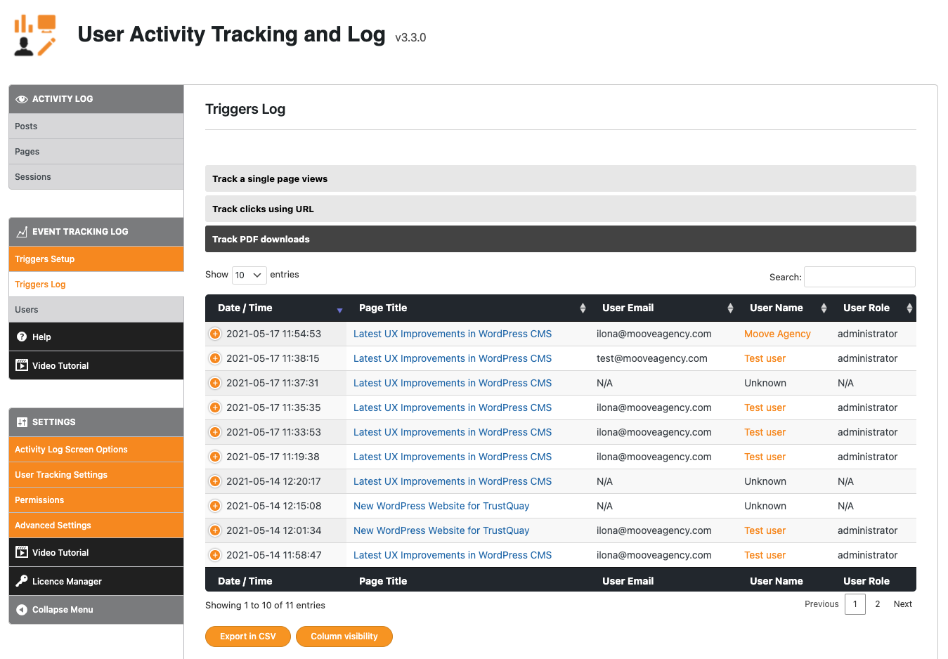 User Activity Tracking and Log - Activity Log Screen Options [Premium]