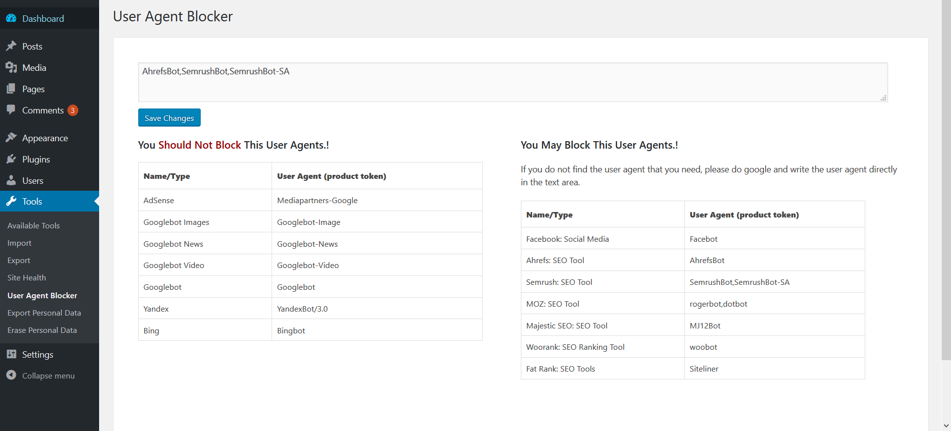 User Agent Blocker dashboard area.