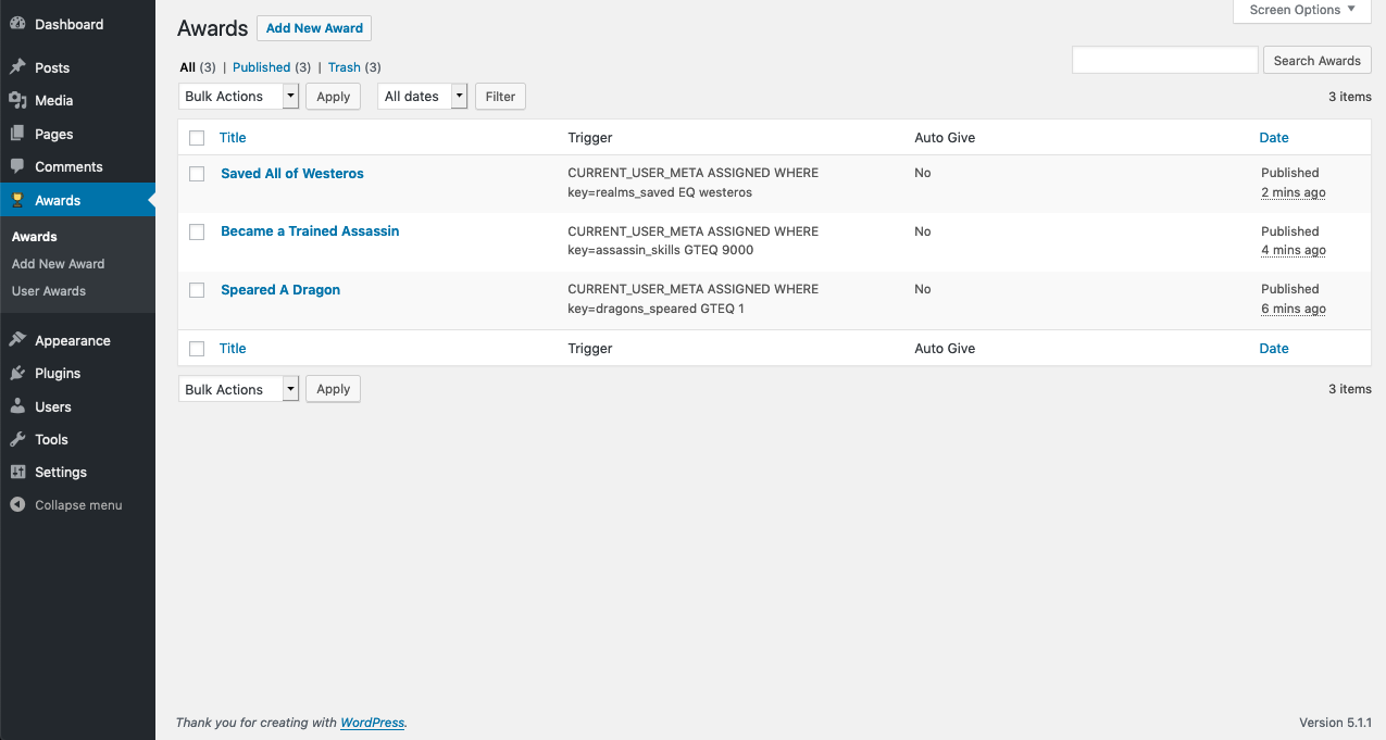 Award List Window. Shows the awards that are available to give to users.