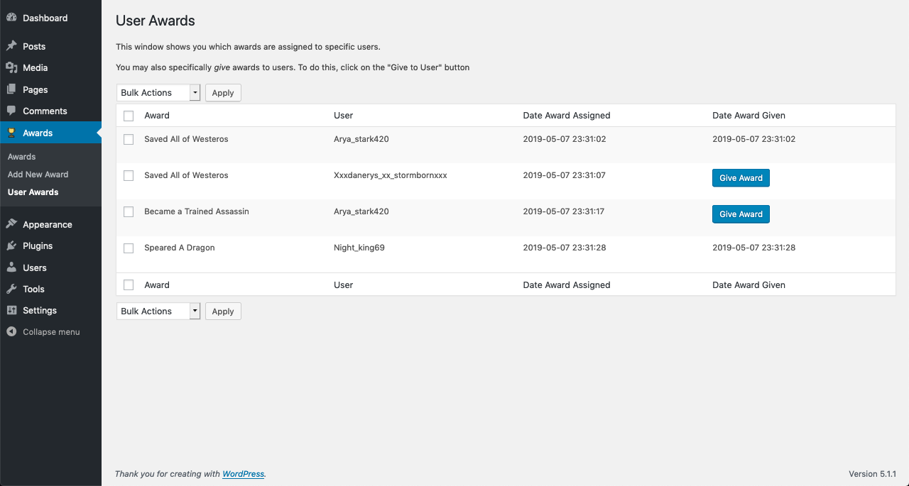 User Awards window. Shows any awards that are assigned to users.